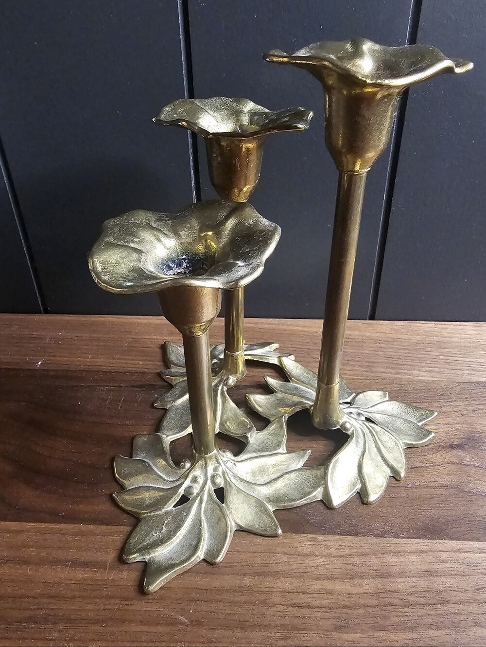 Vintage Three Tiered Floral Brass Candlestick